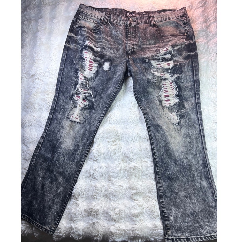 Track 23 Mens Acid Wash Distressed Straight Fit Jeans Grey 44x32 Backing. A35